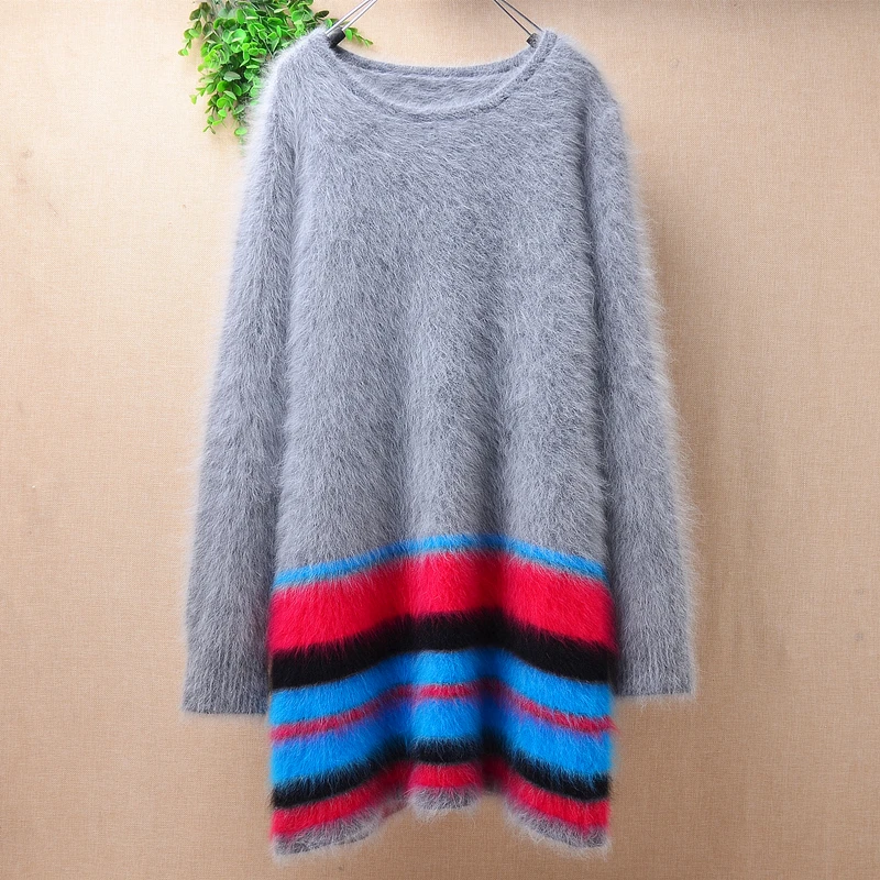 

female women hairy plush mink cashmere knitted long sleeves colored stripes loose pullover angora fur winter sweater dress pull