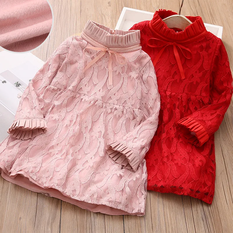 2024 Winter 3 4 5 6 7 8 9 10 11 12 Years Crew-Neck Lace Embroidery Thickening Plus Velvet Winter Warm Dress For Kids Baby Girls