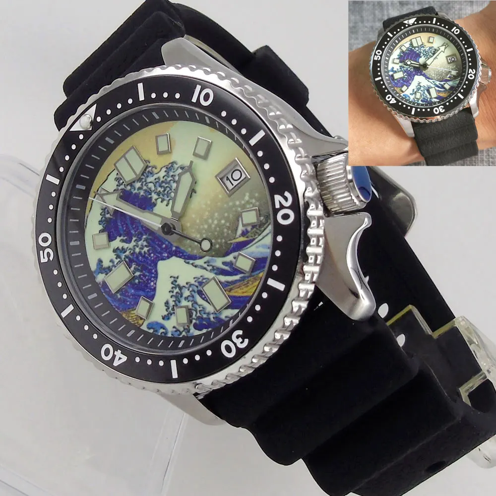 

41mm Sapphire Diver Men's Watch Kanagawa Dial NH35 Automatic Movement 200M Waterproof Date Window Rubber Strap C3 Super Lume