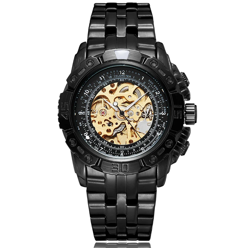 

Luxury Brand Black Gold Automatic Mechanical Watch Men Watches Skeleton Clock Waterproof Big Dial Self Winding Mens Wristwatch