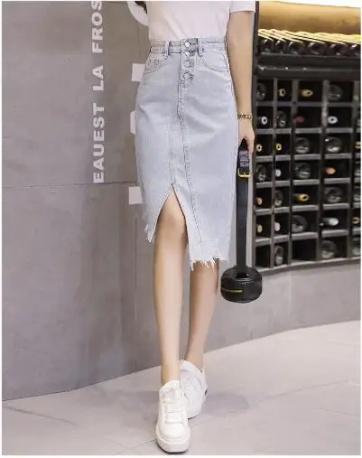 New Korean hole denim skirt open fork midi jeans skirt