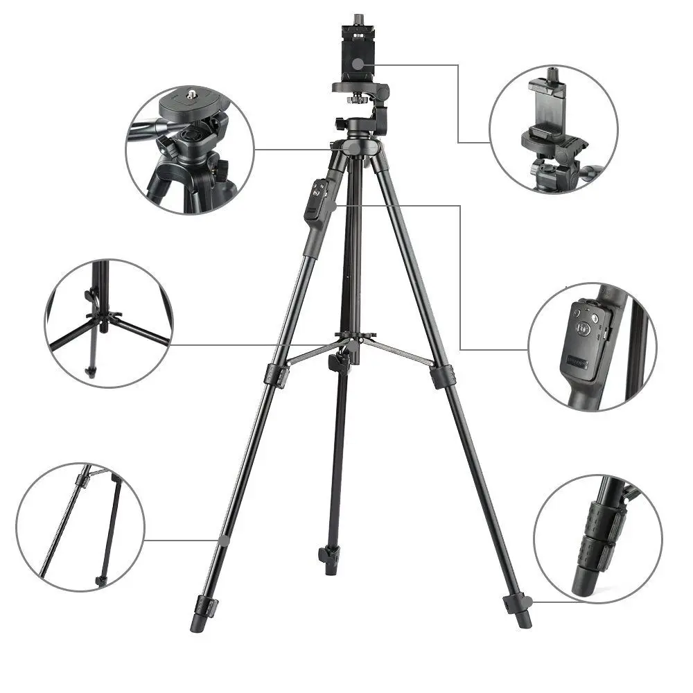 YUNTENG 5208 Aluminum Tripod with 3-Way Head & Bluetooth Remote + Clip for Camera Phone