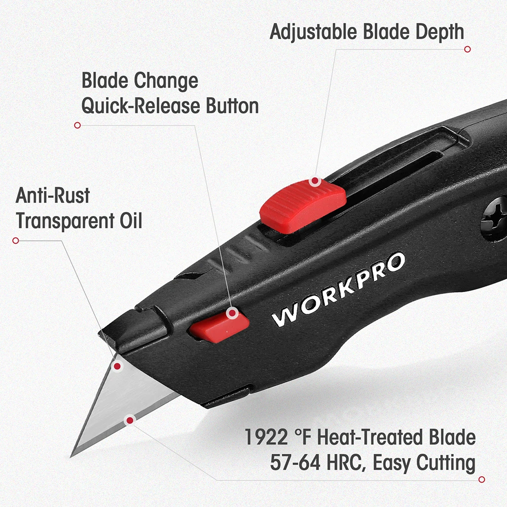 WORKRPO Retractable Utility Knife All Metal Heavy Duty Box Cutter Quick Change Blade with 10 Extra Blades