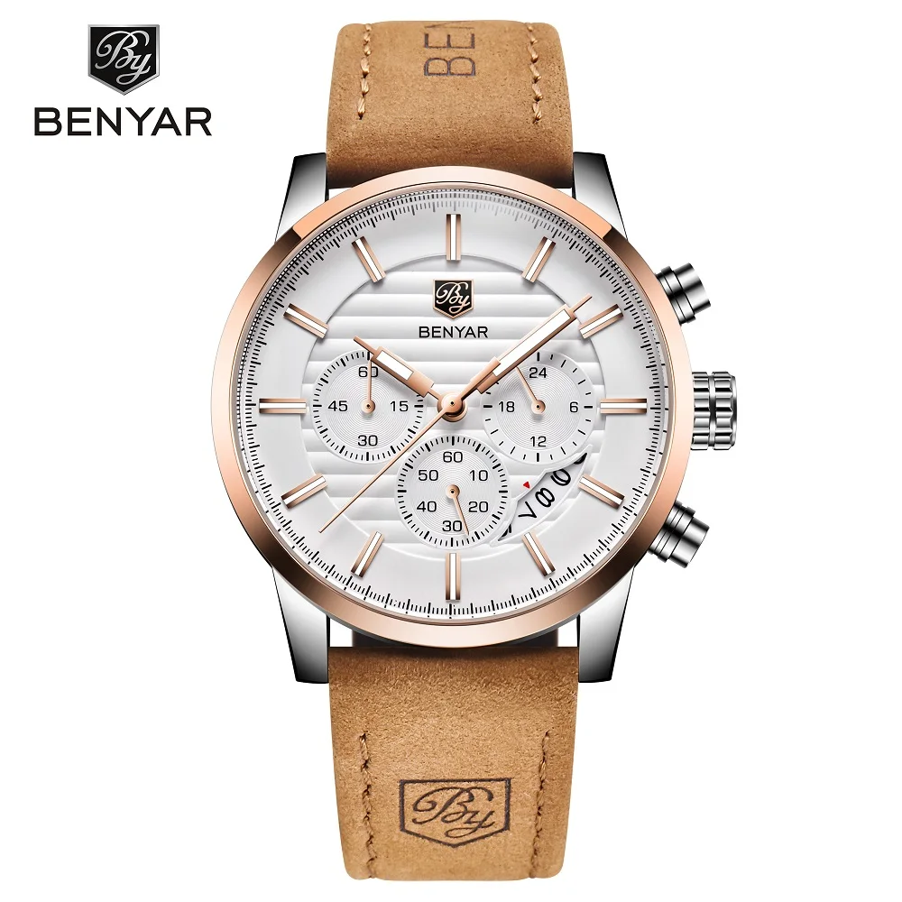 BENYAR For Mens Watch Male Quartz WristWatch Luxury Military Leather Strap Chronograph Waterproof Luminous New Relogio Masculino