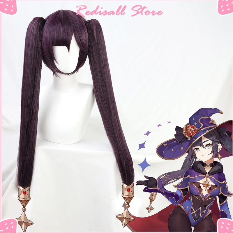 Mona Cosplay Dark Purple Wig Pigtails Synthetic Long Straight Heat Resistant Halloween Women Free Wig Cap