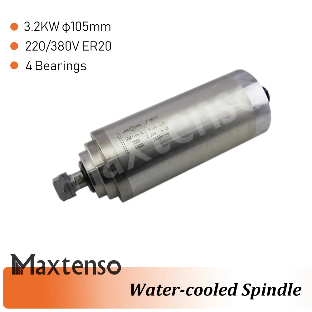 MAXTENSO 3.2KW Water Cooled Spindle Motor 105mm ER20 Milling Spindle 220V 380V 4 Bearings GDZ105-3.2 Cutting Engraving 24000RPM