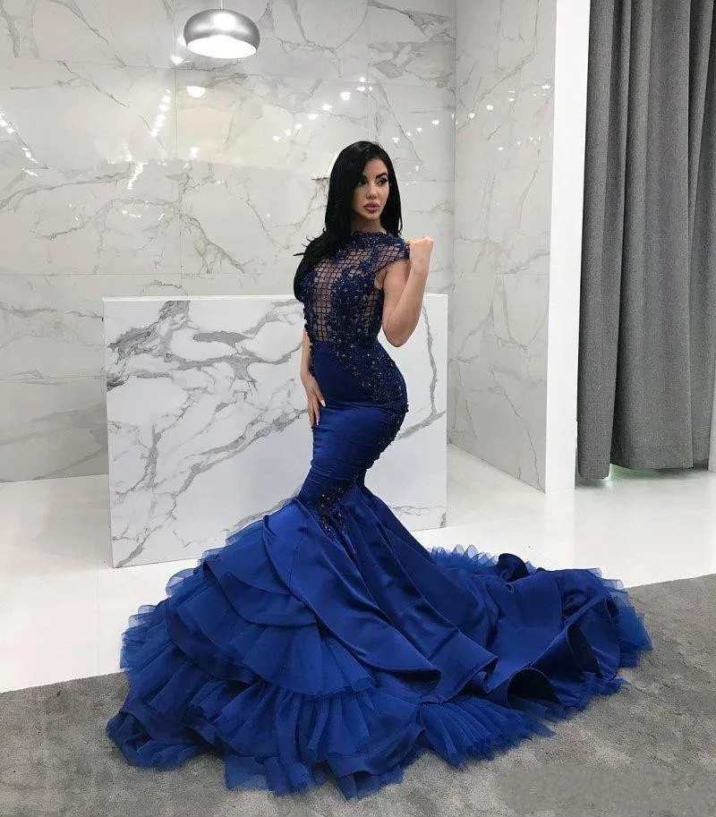 Mermaid Prom Dresses 2020 Formele Avondjurken Lace Applique Tiered Ruches Kralen Vestidos De Festa Formele Party Prom Dress