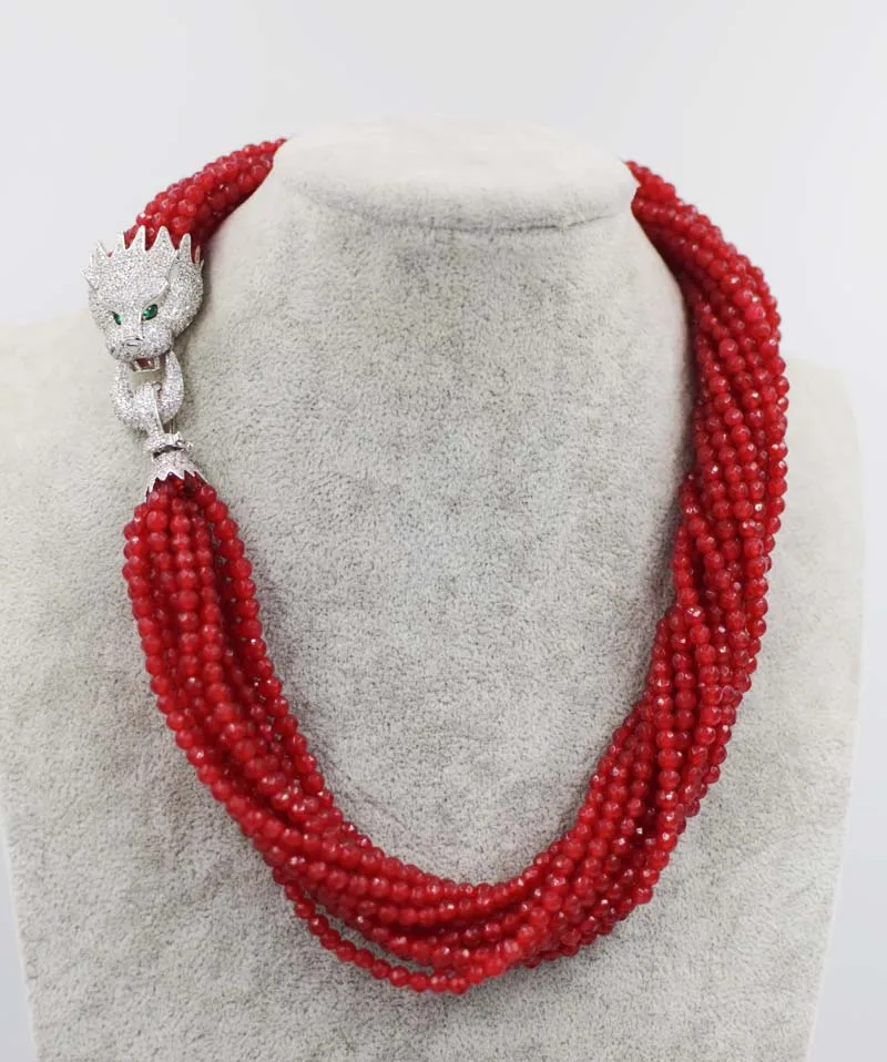 

10rows red jade round faceted 4mm necklace leopard clasp 19inch wholesale bead discount gift hot