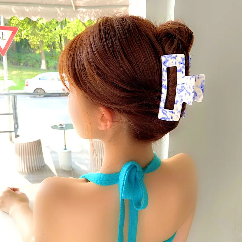 2024 New Chinese Style Blue And White Porcelain Hairpin Shark Clip Acetate Grab Clip Net Red Hair Claw Clip Side Clip