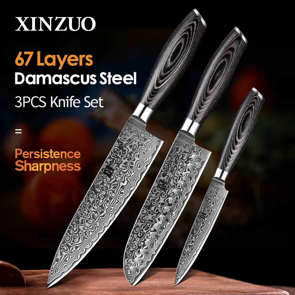 

XINZUO 3 шт. наборы кухонных ножей ручной работы из дамасской стали шеф-повар + Сантоку + универсальный нож Pakka с деревянной ручкой кухонные аксессуары для шеф-повара