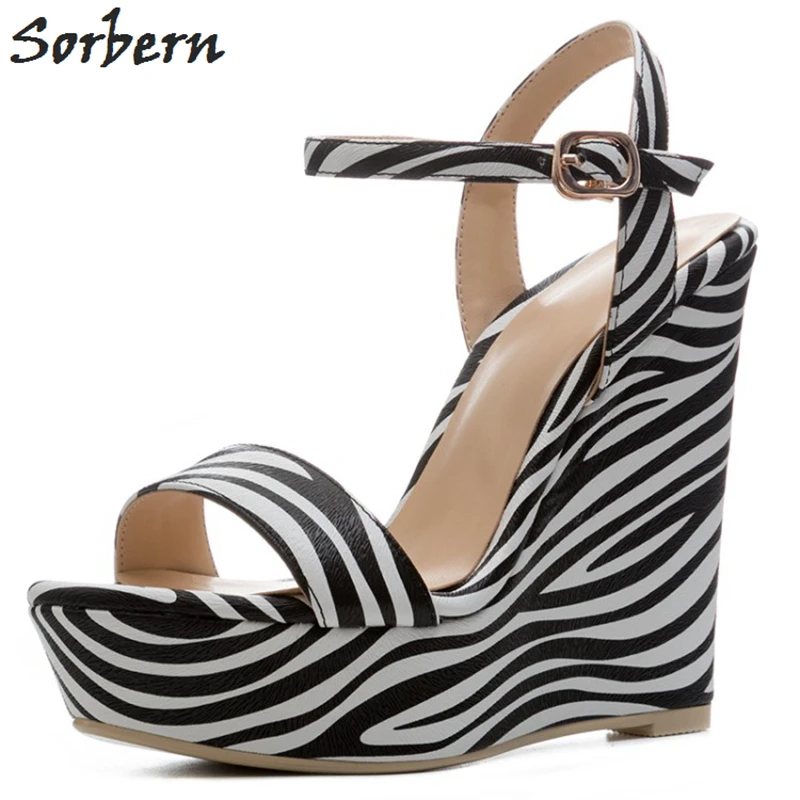 Sorbern Zebra Women Sandals Wedge High Heels Slingback Platform Summer Shoe Custom 2019 Shoes Fetish High Heels One-Strap