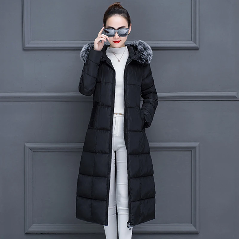 

Plus size X-long hooded parka women office lady outwear cotton padded jackets fur collar slim thick Fad winter warm coats