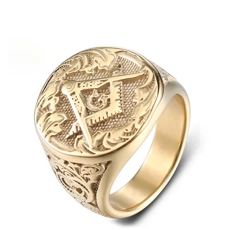 Vintage Men Gold Plated Masonic Ring Masonic Church Ring Mason Ring Hip Hop Punk Ring Banquet Jewelry Father\'s Day Party Gift