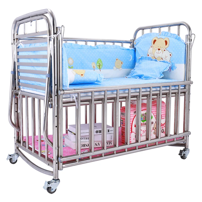 Stainless Steel Newborn Baby Crib With Palm Mattress, Can Extend Or Height Adjust Accompany Bed, Multifunctional Rocking Cradle