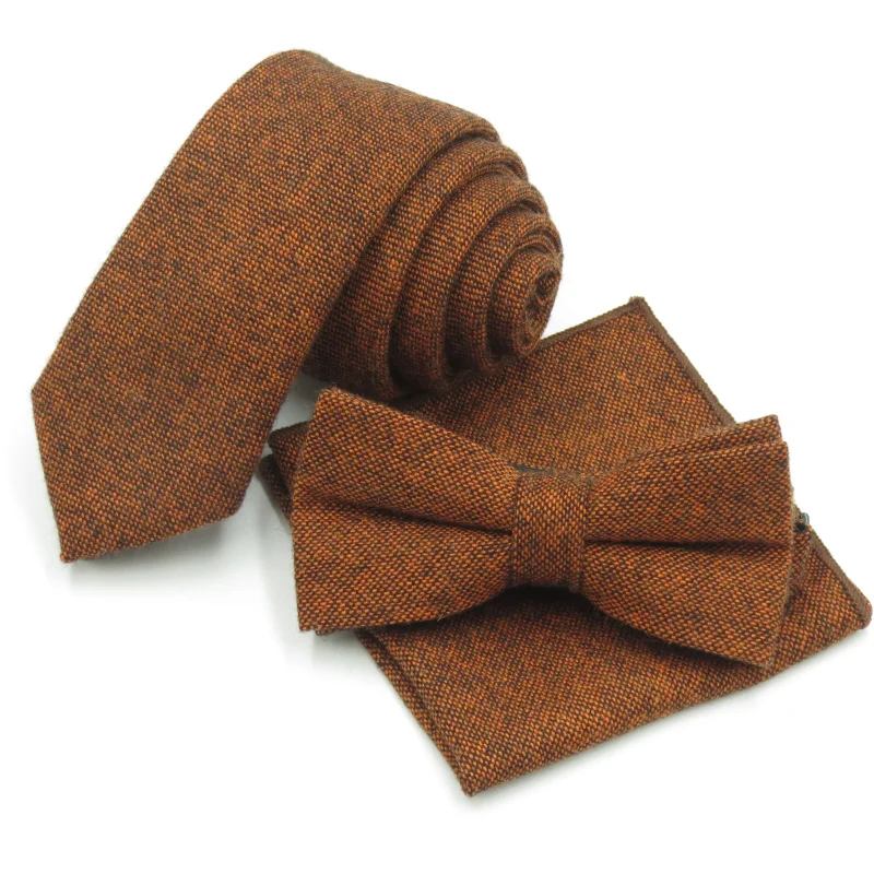 WeiliBoyin Solid Brown Red Tie Set Wool Men's Necktie Bowtie Handkerchief Pocket Square Narrow Ties For Men Dot Gravata Slim 6cm