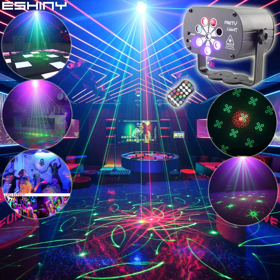 

ESHINY Mini 9 Lens DJ RGB UV LED Stage Disco Light R&G Laser 120 Patterns Projector Dance Birthday Party Effect Lamp USB R9N6