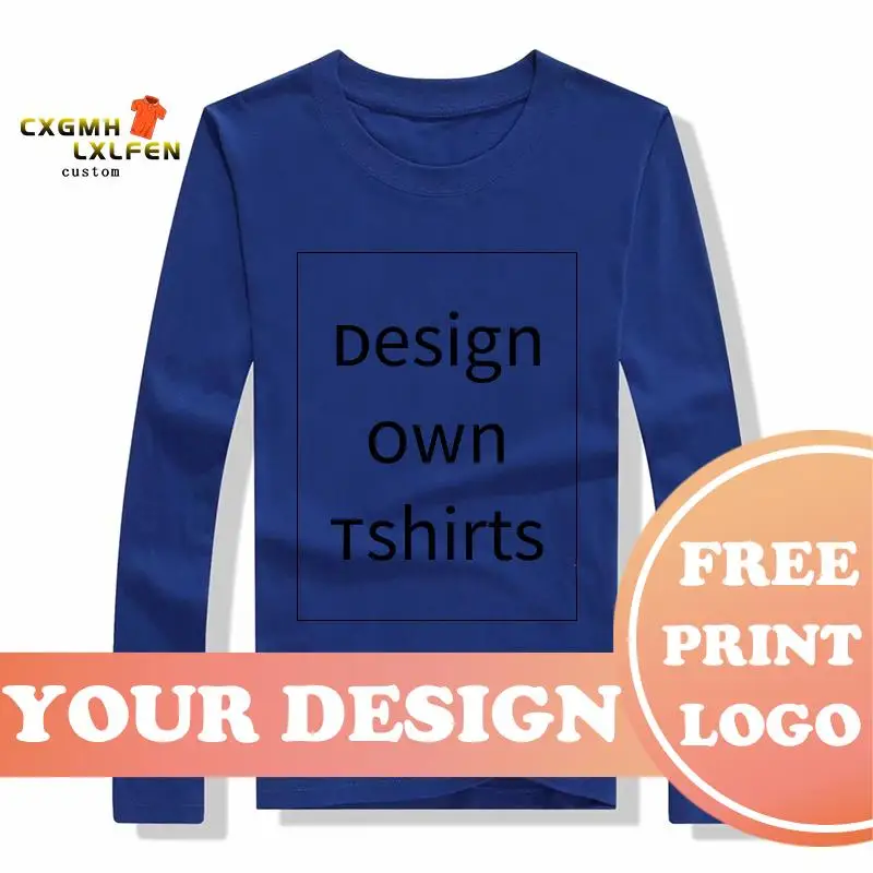 Custom Printed T Shirts Cotton Long Sleeve Solid Tops Tees Men Casual Tshirts Design Own T-shirts For Couples Family Class Team