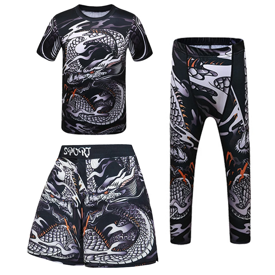 Kids Bjj Rashguard jiu jitsu MMA T-shirt+Pant KickBoxing Sets Boy Gym Children Muay Thai Shorts MMA Clothing Compression Tights