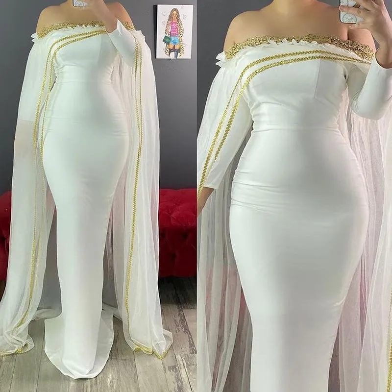 Aso Ebi Mermaid Pregnant Evening Dresses Off Shoulder Long Sleeve Gold Appliques Formal Prom Dress With Cape moroccan kaftan