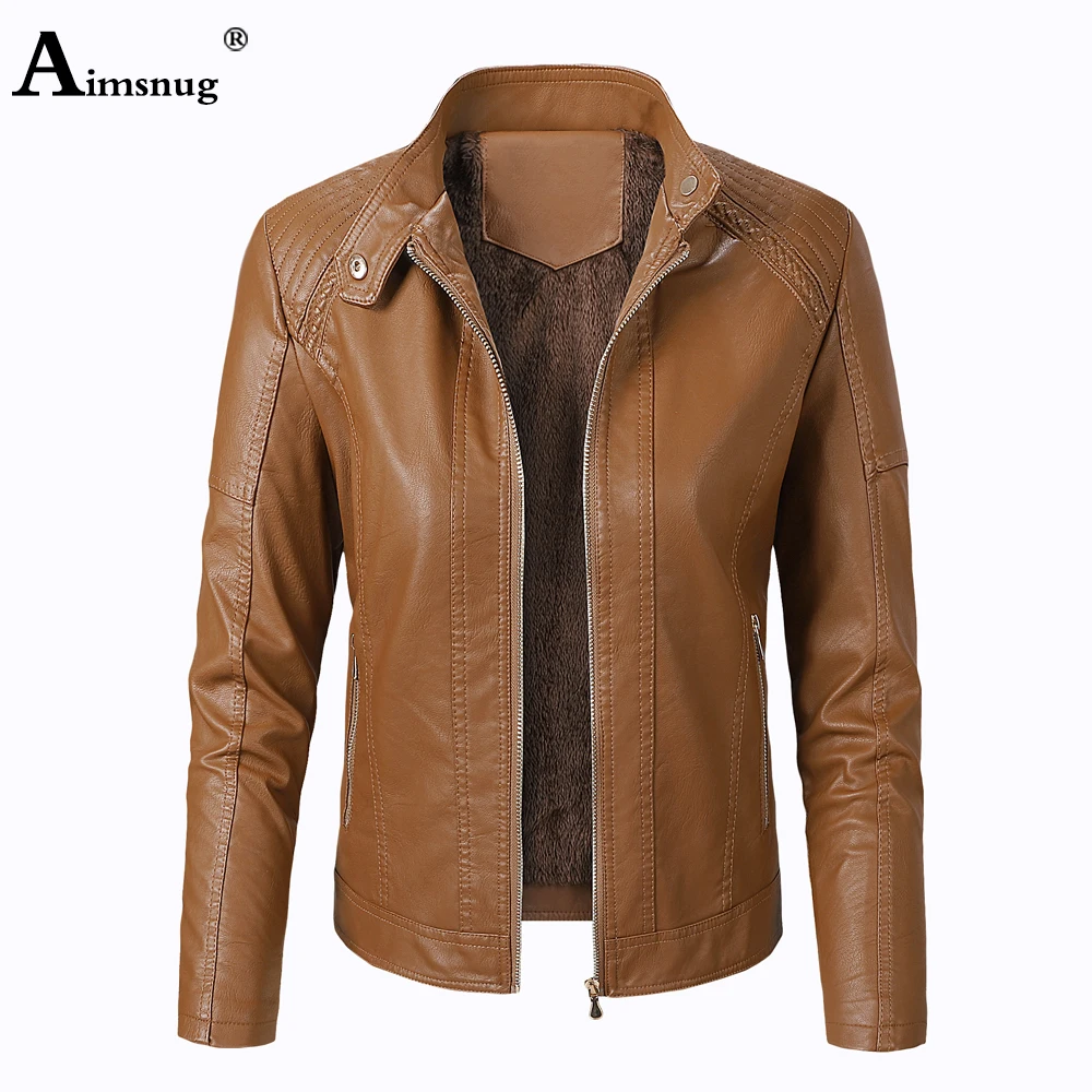 Aimsnug Faux Pu Leder Jacken Frauen Herbst Winter Oberbekleidung Plus Samt Mäntel Schlank Biker Jacke Schwarz Rot Frauen Kleidung 2021