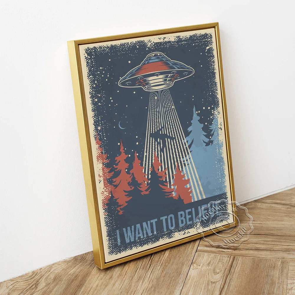 American Sci-Fi Movie I Want To Believe Retro Poster, UFO Vintage Art Prints, Aliens Cartoon Portrait Wall Picture Home Decor