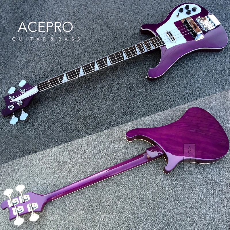 Purple Color Flame Maple Top Electric Bass Guitar, Upgrade Adjustable Bridge Available, White Pickguard, High Quality