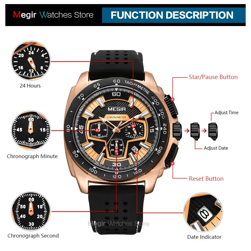 Megir Males Mens Chronograph Sport Watches with Quartz Movement Rubber Band Luminous Wristwatch for Man Boys 2056G-1N0