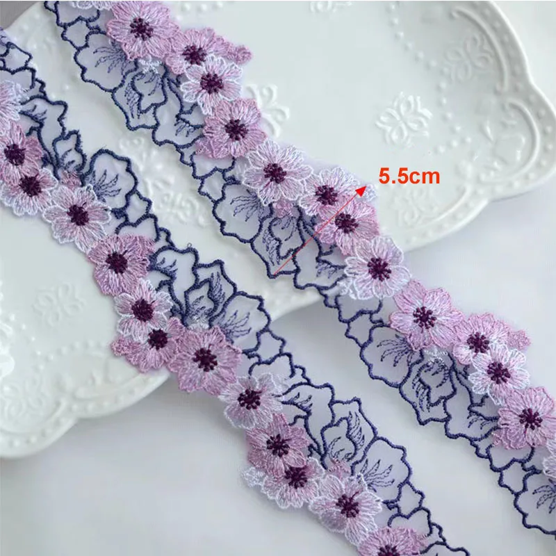 5.5cm Wide Luxury Cotton Embroidered Green Purple Flower Lace Fabric Dubai Sewing DIY Trim Ruffle Applique Ribbon Collar Decor