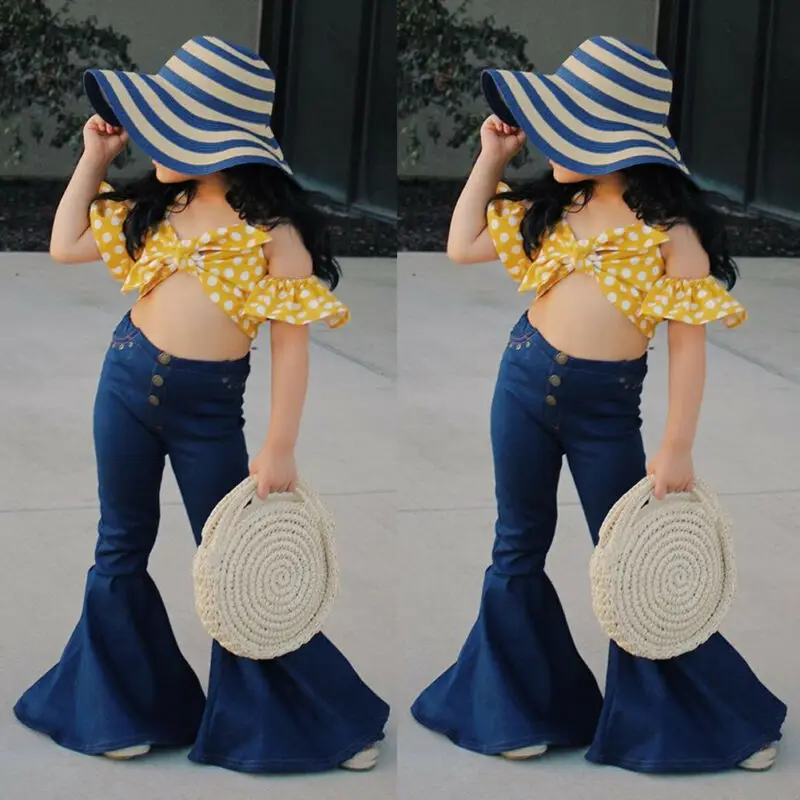 Fashion Toddler Kids Baby Girl Dot Off-Shoulder Tank Tops +Flared Pants Leggings Summer 2PCS Outfit Clothes