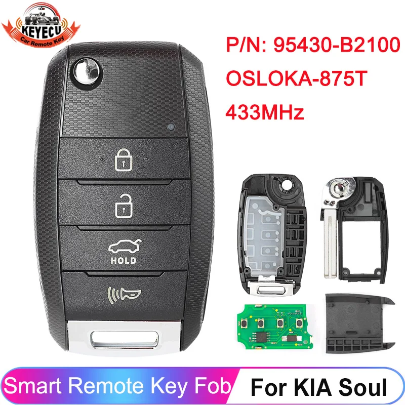 

KEYECU Flip Smart Remote 433MHz For KIA Soul 2014 2015 2016 2017 2018 2019 P/N: 95430-B2100 ID46 OSLOKA-875T 4 Button Key Fob