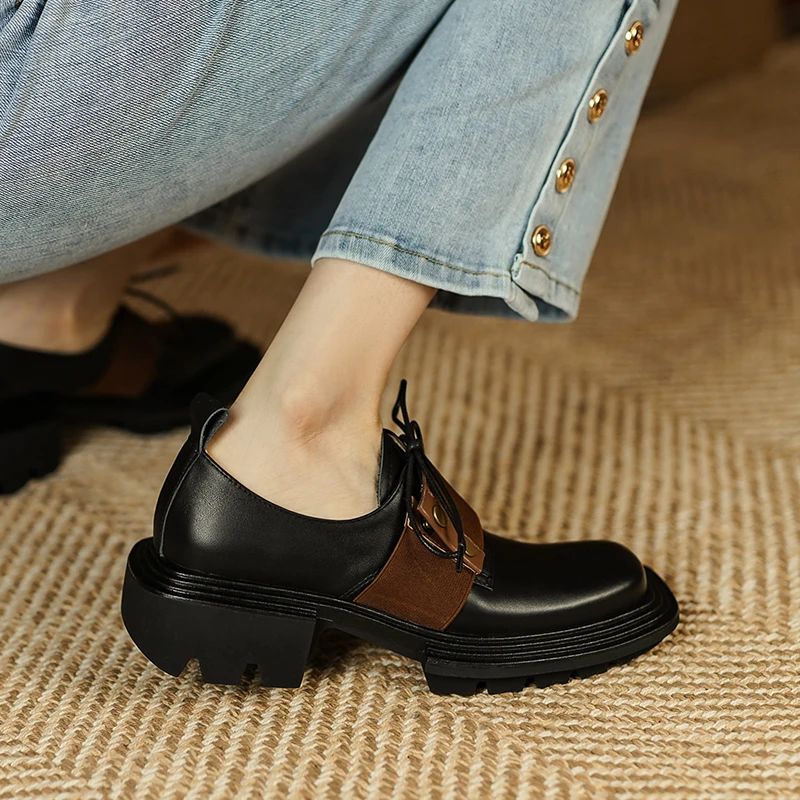 Lace-up Black Women Shoes 2022 New Genuine Leather Shoes Woman Heels Working Thick Botton Square Toe Women Shoes Shoes for Women