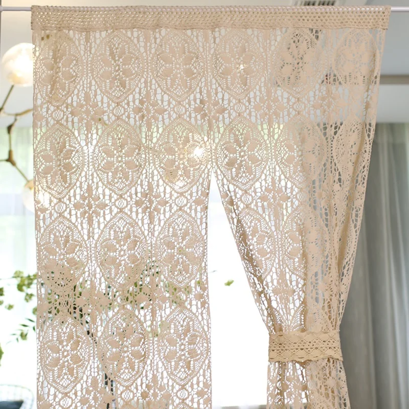 

Short kitchen curtains 100% cotton thread crochet curtain hollow out knitted beige шторы partition cortinas for living room