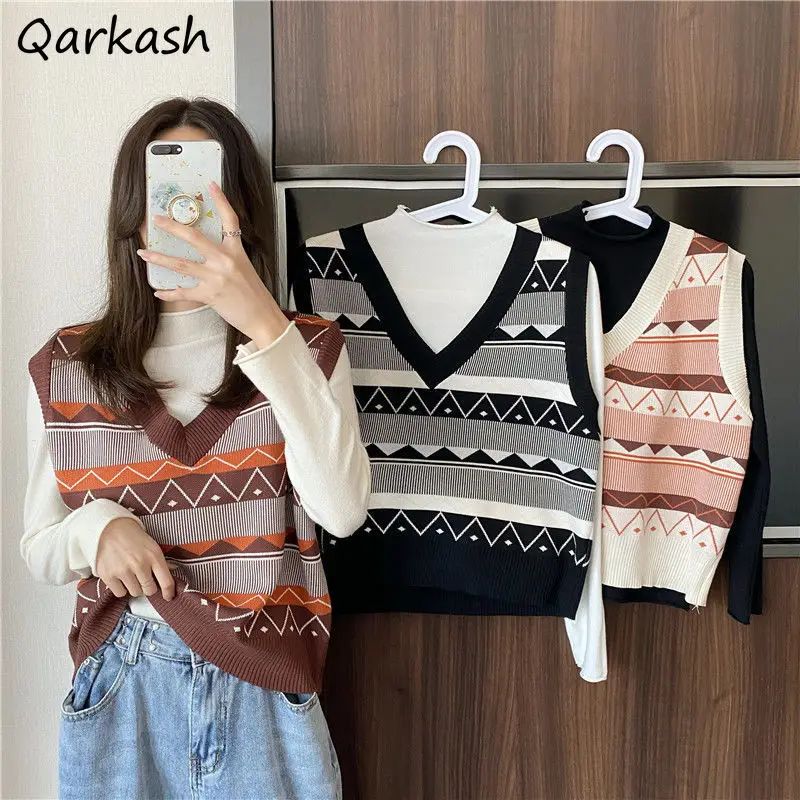 Sweater Vests Women 3 Colors Slim Retro Chic Streetwear Striped Casual Crops Knitted Simple Cozy Female Preppy Couple Ulzzang