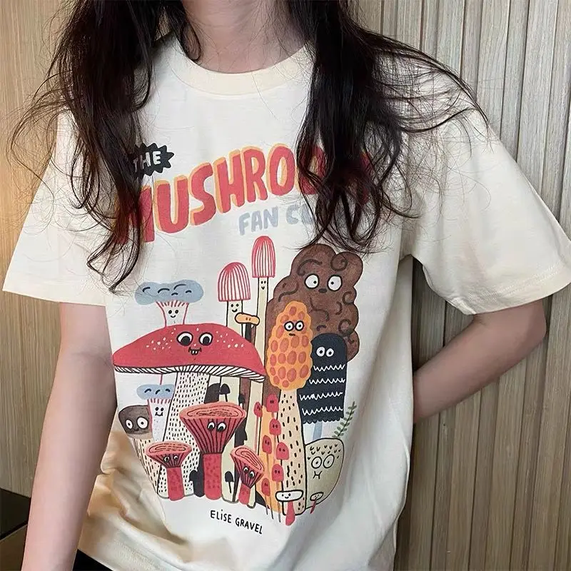 T-shirt rétro en tissu abricot et champignon pour femme, vêtement estival et décontracté à la mode