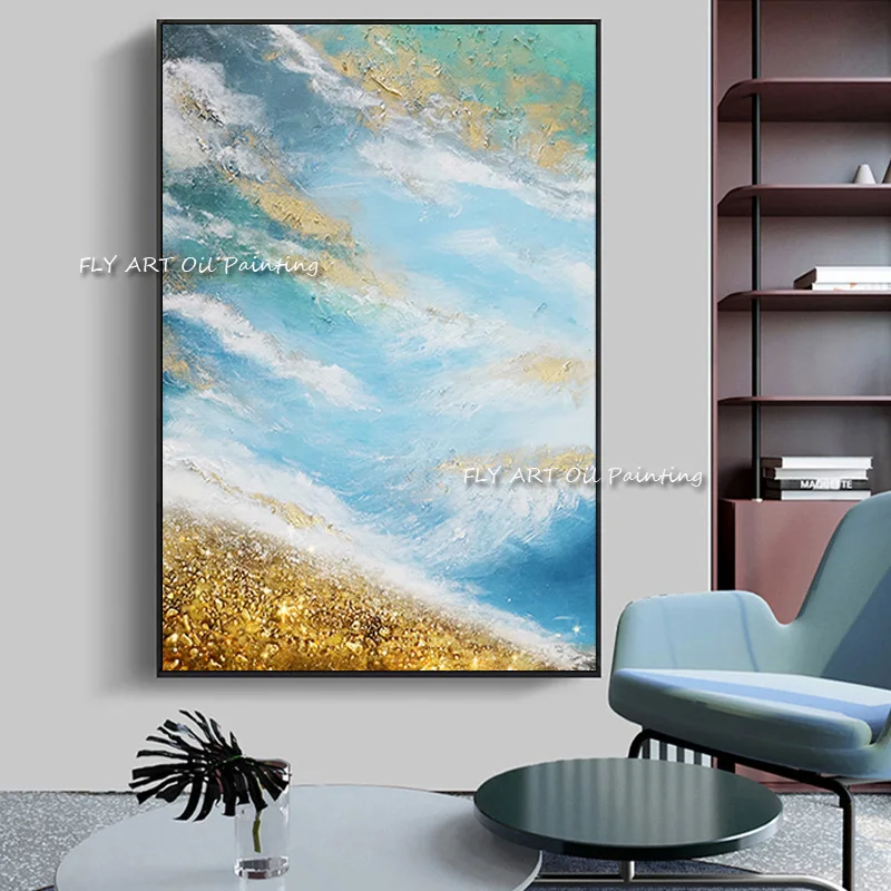 100% Hand-painted decoration painting modern minimalist living room corridor vertical Nordic light luxury hanging oil painting