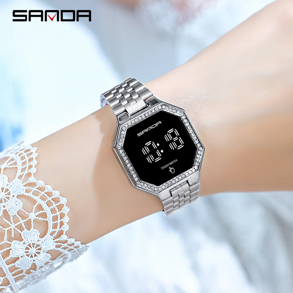 Reloj deportivo Digital para mujer, pulsera de acero inoxidable con pantalla táctil, esfera pequeña, resistente al agua