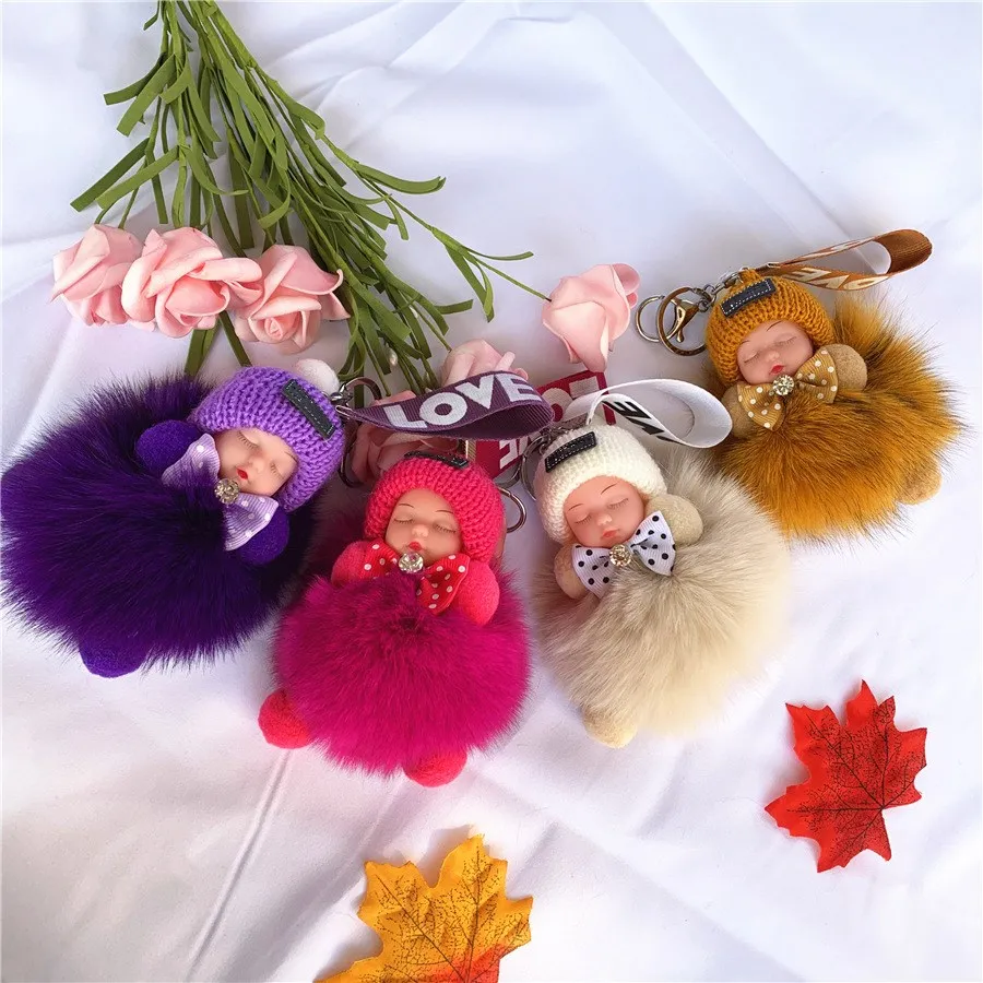 Real Fox Fur Pompom Sleeping Baby Keychain Cute Fluffy Plush Doll Women Girl Bags Keyring Cars Keychain Gift Charming Decoration