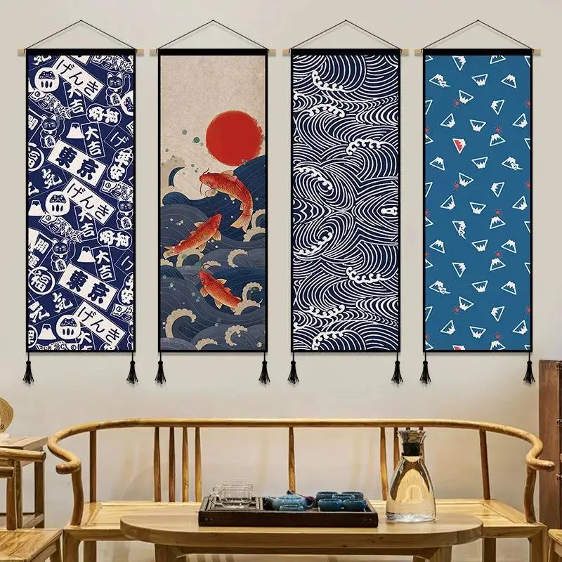 Japanese Ukiyoe Wall Art Wood Hanging Scroll Canvas Painting Art Poster Print Wave Fish Crane Pictures for Living Room Decor