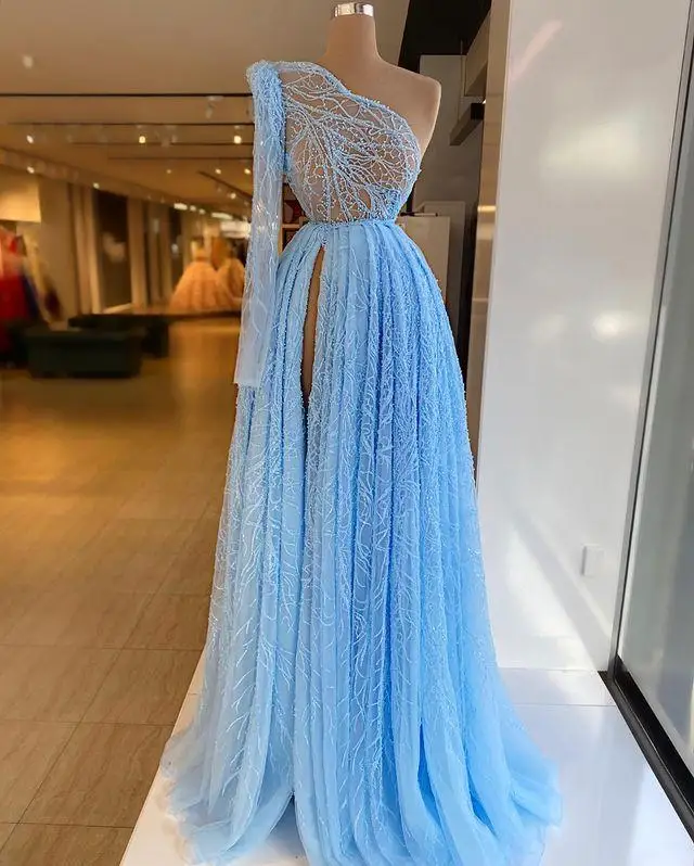 Light Sky Blue 2024 Customized Prom Dresses One Shoulder High Side Split Lace Women Plus Size Formal Evening Gowns Long