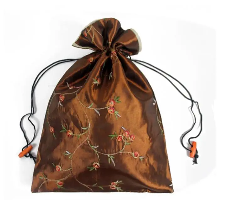 50pcs/ot 27*36cm Chinese Handmade Embroiderd Floral Silk Shoe Bags Portable Drawstring Travel Storage Bags Pouch SN2021