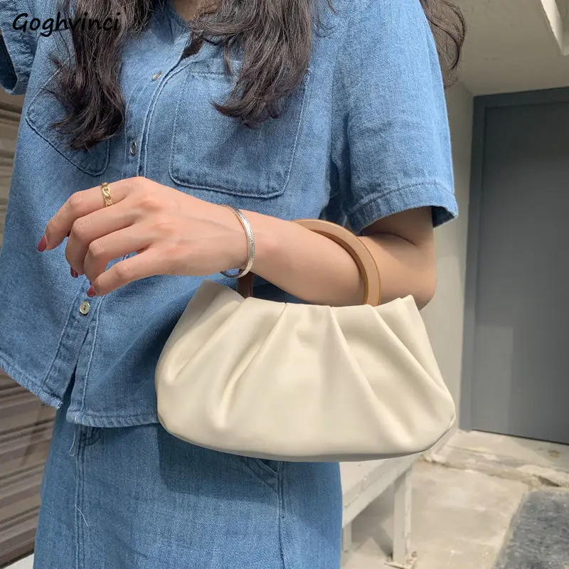 Ladies Elegant Top-handle Bags Cloud Pleated Simple Luxury Design Wooden Straps Crossbody Korean Brand Ins Handbags Casual Bolsa