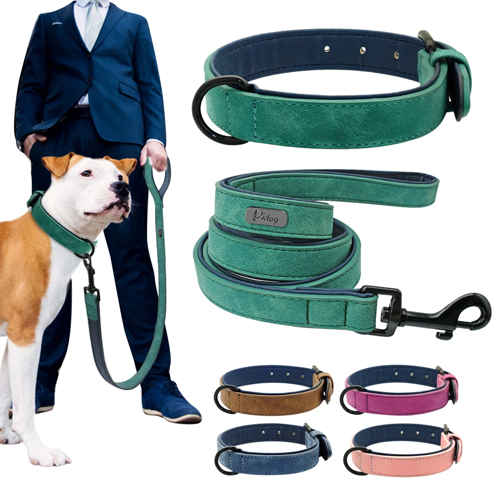 

Leather Dog Collar and Leash 2 Layer Padded Dogs Collars Pet Walking Lead Rope For Small Large Dogs Bulldog Pitbull