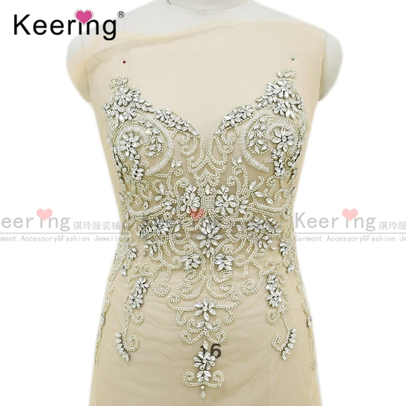 3D Handmade Shiny Silver Crystal Beaded Rhinestone Appliques, Body for Wedding Dress, WDP-114