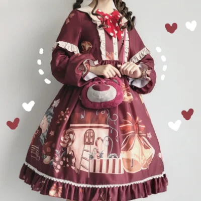 Kawaii mädchen gothic lolita op Weihnachten party süße lolita kleid vintage falbala bowknot hohe taille niedlich druck viktorianischen kleid