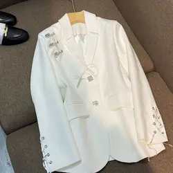 Women Balzer Spring Autumn French Retro Single-Breasted Casual White Suit Jacket