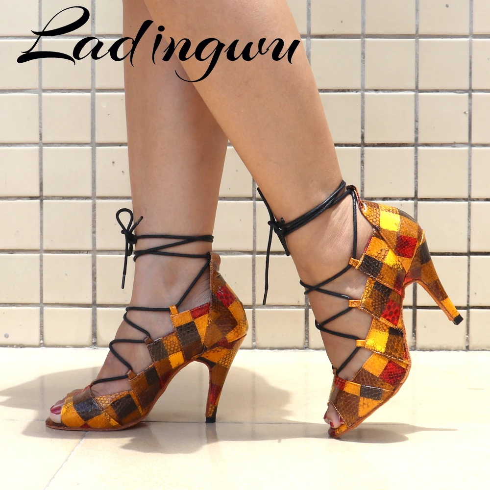 Ladingwu-zapatos de baile latino para mujer y niña, botas romanas de fondo suave, zapatos de baile de salón, estilo a cuadros característico, PU