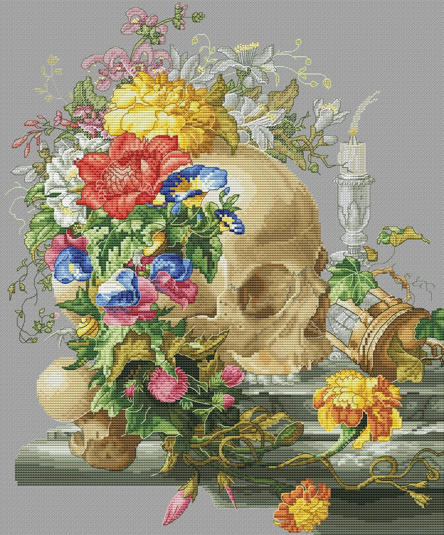 

Skeleton in the Flower Embroidery Sets, Cross Stitch Kits, Counted 14CT 18CT 25CT 22CT, 2-42-49