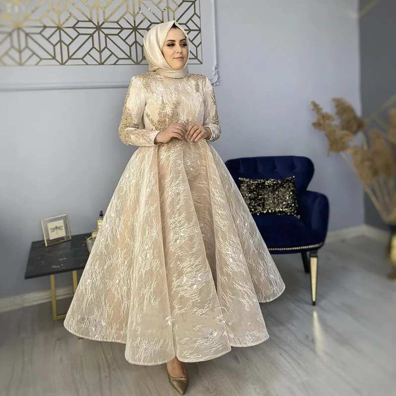 Vintage Kant Champagne Moslim Avondjurken Met Hijab Lange Mouwen Arabisch Formele Jurk Elegante Vrouwen Dubai Wedding Partij Jassen