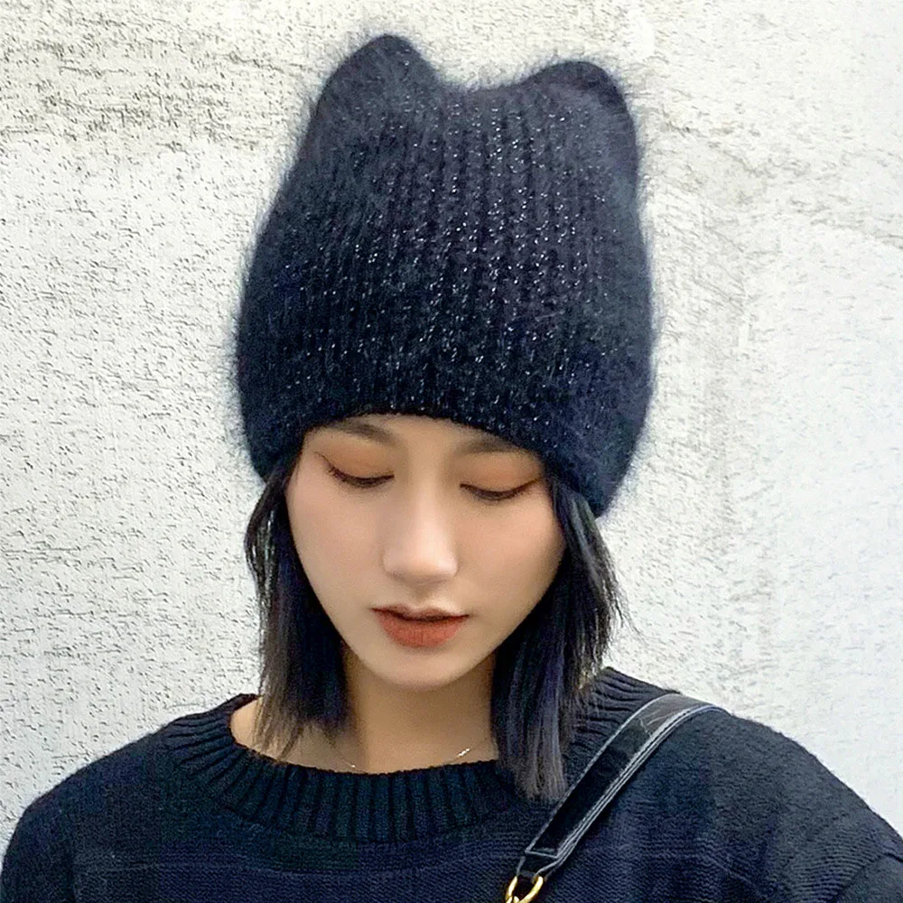 2020 Simple Girl Angora Rabbit fur ear Beanie Hat for Women Winter Skullies Warm wool Panama fashion Gorros Female Bomber Cap