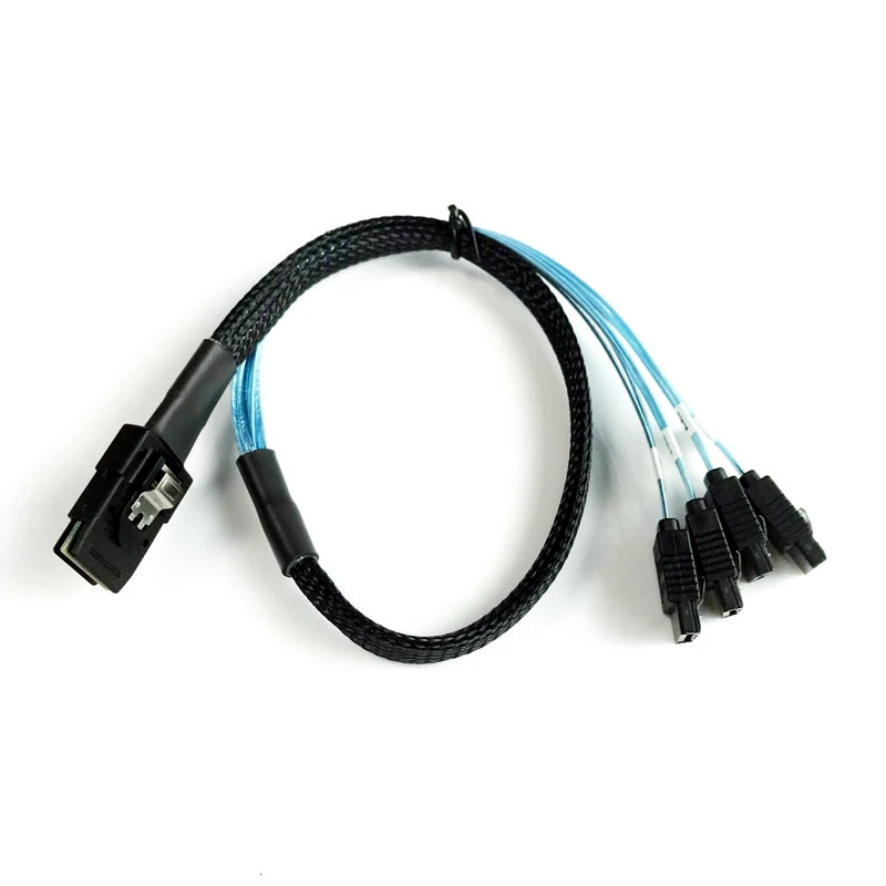 

30AWG Internal Mini SAS 36pin (SFF-8087) Male with Latch to 4 x SATA 7pin Female Forward Breakout Cable with Nylon Braiding